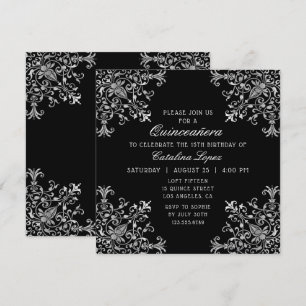 Elegant Black Silver Verziert Floral Quinceañera Einladung
