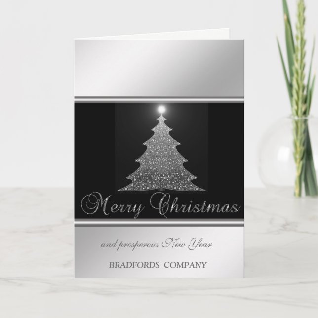 Elegant Black, Silver, Weihnachtsbaum, Firma Feiertagskarte (Vorderseite)