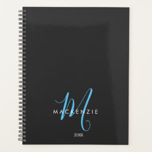 Élégant Black Sky Blue Script Monogramme moderne