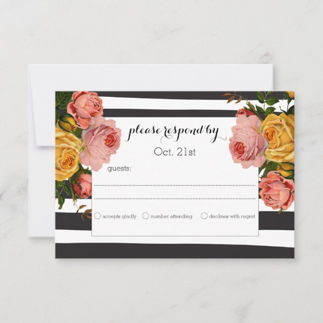 Elégant Black Stripe Heirloom Roses mariage RSVP (Devant)
