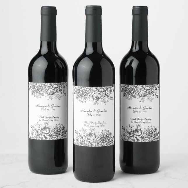 Elegant Black Toile Weinetikett (Flaschen)
