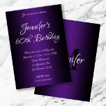 Elegant Black und Royal Lila Ombre 60. Geburtstag Einladung<br><div class="desc">Laden Sie die Tauchgänge zu ihrem 60. Geburtstag. Hervorragende Schwarz und Königlich lila ombre Geburtstagseinladung. Anpassbare Hintergrundfarbe hinter dem Farbverlauf. Individuell gestaltbare Geburtstagsparty lädt ein. Glam und schicke Einladungen. Passen Sie die modernen und eleganten Kalligraphie-Schriftart-Stile an.</div>