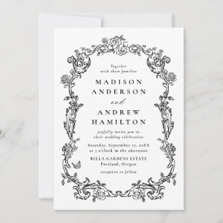 Elegant Black Victorian Floral All in One Wedding Einladung
