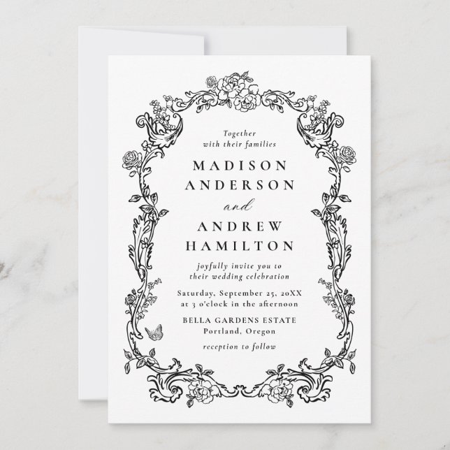 Elegant Black Victorian Floral All in One Wedding Einladung (Vorderseite)