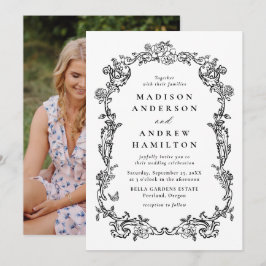 Elegant Black Victorian Floral Photo Wedding Einladung