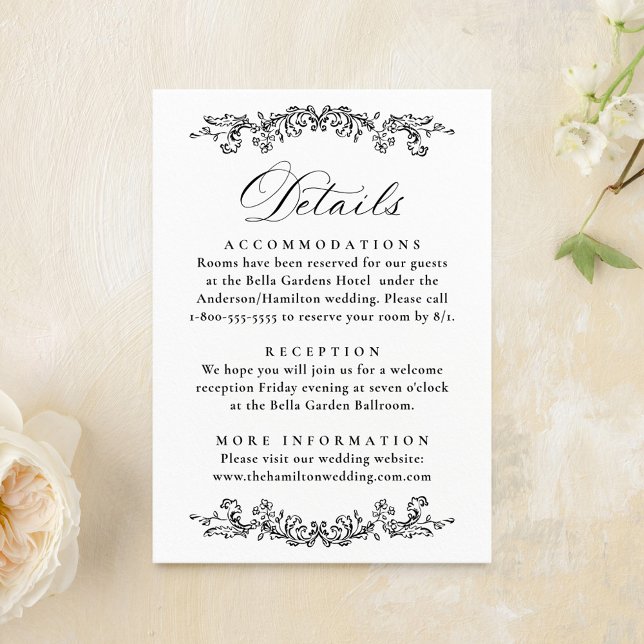 Elegant Black Victorian Floral Wedding Details Begleitkarte (Von Creator hochgeladen)