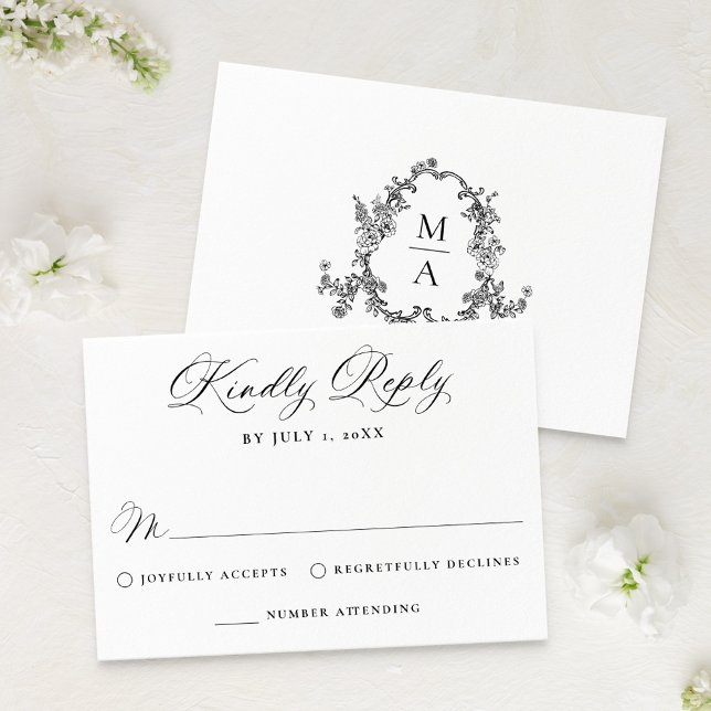 Elegant Black Victorian Floral Wedding RSVP Karte (Von Creator hochgeladen)
