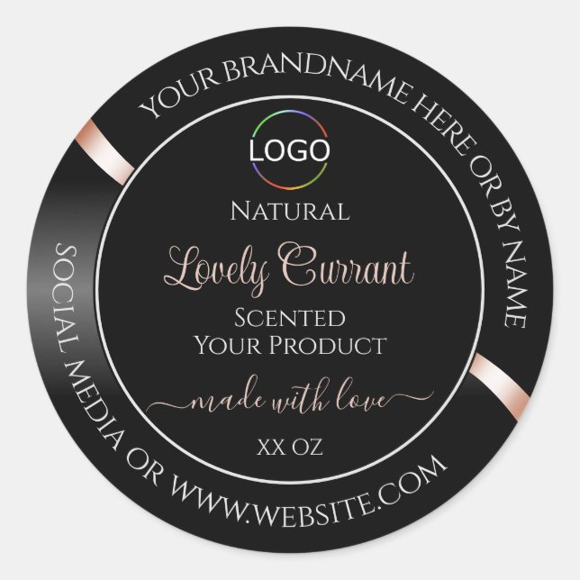Élégant Black Wavy Rose Gold Logo Étiquettes de pr (Devant)