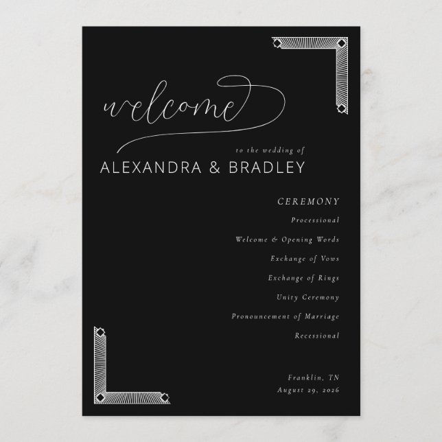 Elegant Black Wedding Ceremony Program Programm (Vorderseite)