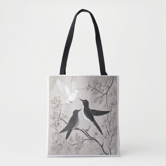 Elegant Black & White Birds Floral Art Tote Bag Tasche (Vorderseite)
