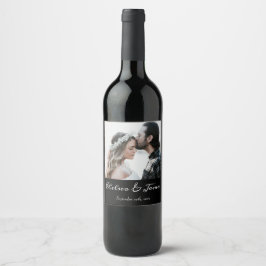 Elegant Black & White Calligraphy Photo Wedding Weinetikett