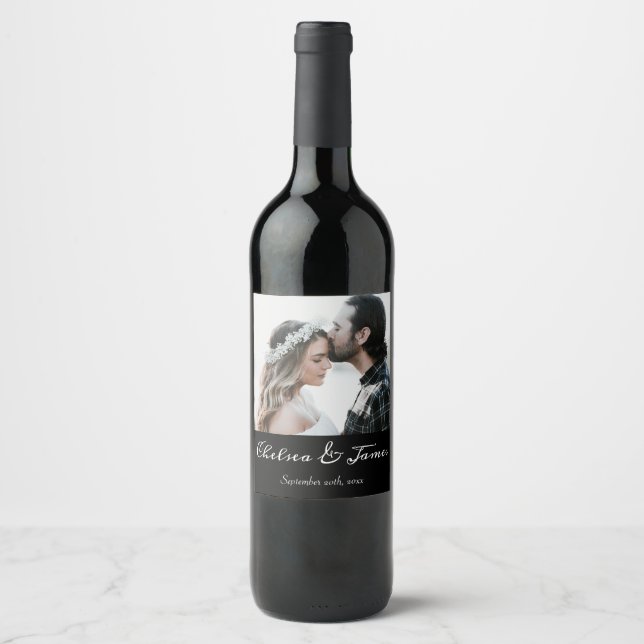 Elegant Black & White Calligraphy Photo Wedding  Weinetikett (Vorderseite)
