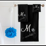 Elegant Black White Custom Monogram Name Flower  Badhandtuch Set<br><div class="desc">NOTE: There are two versions of this towel set depending on how you fold your towels to show the monogram. This is a lovely elegant black towel with with a unique custom multi-color Monogram / initial and with your first name -- and -- the glam glittery of the silver rose....</div>