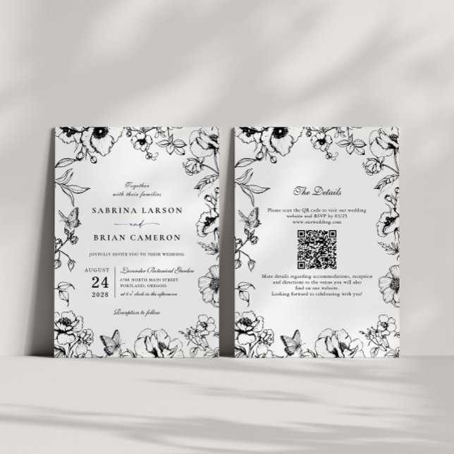 Elegant Black White Floral Garden QR Code Wedding Einladung (Von Creator hochgeladen)