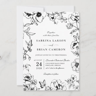 Elegant Black | White Floral Garden Wedding Photo Einladung