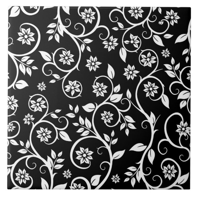 Elegant black &white floral pattern  fliese (Vorderseite)