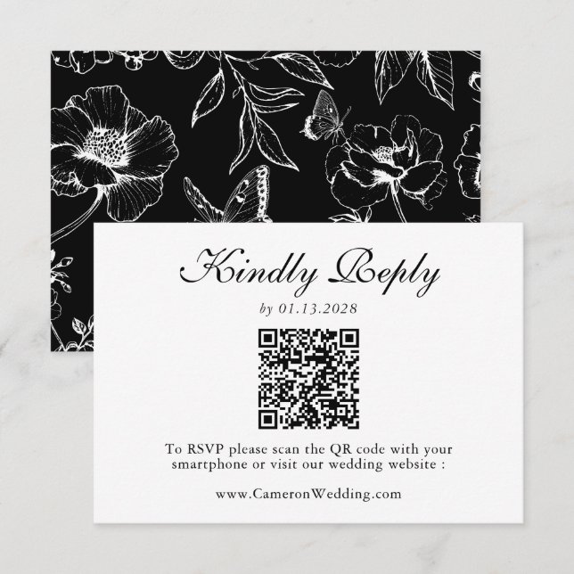 Elegant Black White Floral QR Code Wedding RSVP  (Vorne/Hinten)