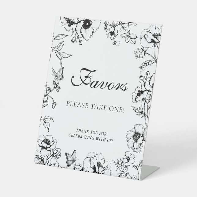 Elegant Black White Floral Wedding Favors Sockelschild (Vorderseite)