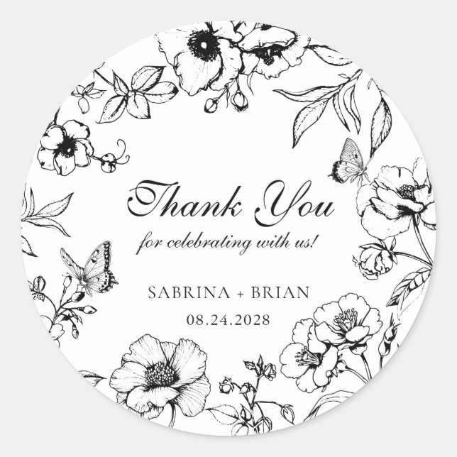 Elegant Black White Floral Wedding Thank You Runder Aufkleber (Vorderseite)
