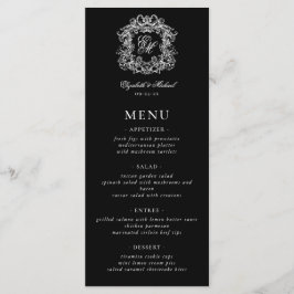 Elegant Black White Formal Monogram Crest Wedding Menükarte