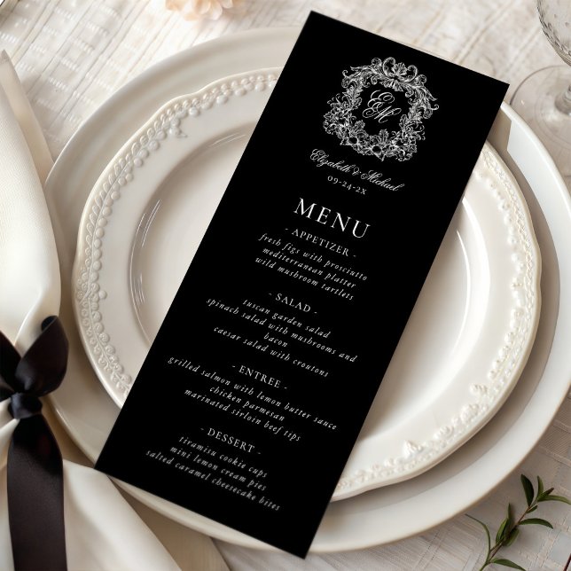 Elegant Black White Formal Monogram Crest Wedding Menükarte (Von Creator hochgeladen)