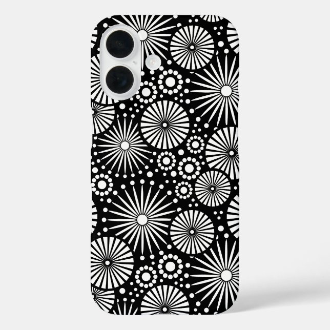Elegant Black White Geometric Flowers Starburst iPhone 16 Hülle (Rückseite)