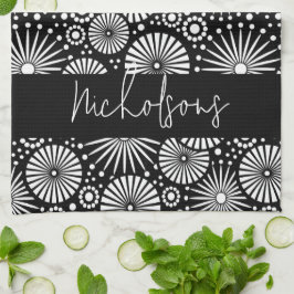 Elegant Black White Geometric Starburst Name  Geschirrtuch
