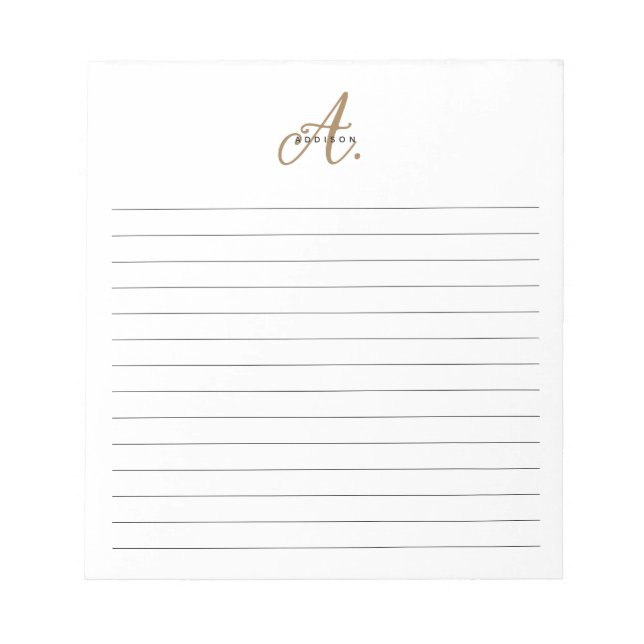 Elegant Black White Gold Script Monogram Lined Notizblock (Vorderseite)