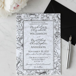 Elegant Black White Hand-Drawn Floral Wedding  Einladung