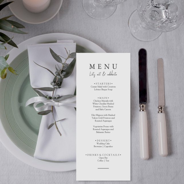 Elegant Black & White Let's essen Script Hochzeit Menükarte (Von Creator hochgeladen)