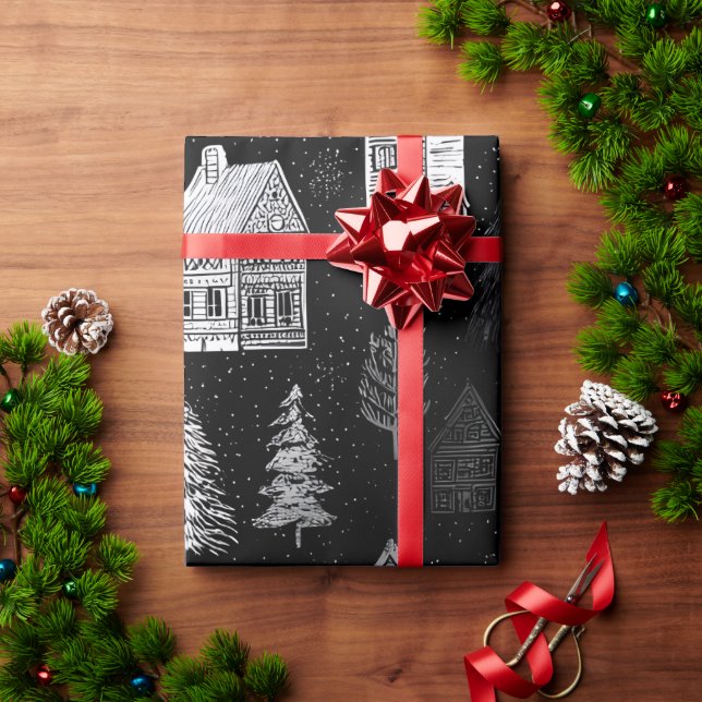 Elegant Black White Merry Christmas Wrapping Paper Geschenkpapier (Feiertagsgeschenk)