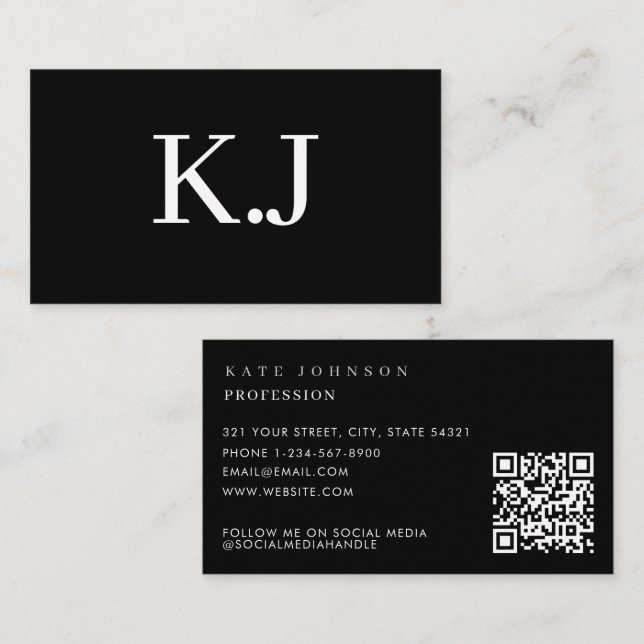 Elegant Black White Minimalist QR Code Monogram Visitenkarte (Vorne/Hinten)