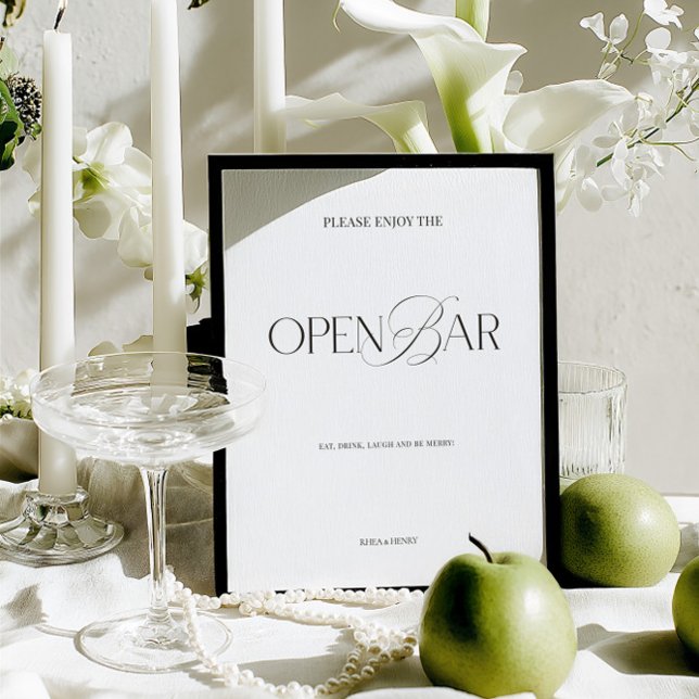 Elegant Black & White Modern Wedding Open Bar Sign (Elegant Black & White Modern Wedding Open Bar Sign)