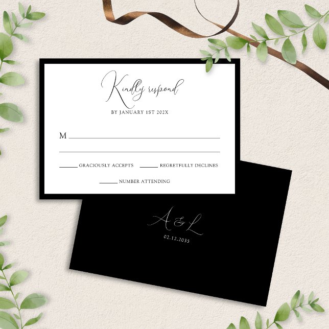 Elegant Black & White Monogram Bordered Wedding RSVP Karte (Von Creator hochgeladen)