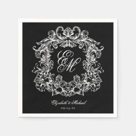 Elegant Black White Monogram Crest Script Wedding Serviette
