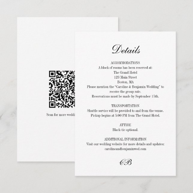 Elegant Black White Script Monogram QR Wedding Begleitkarte (Vorne/Hinten)