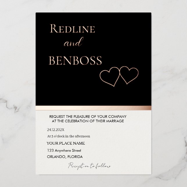 Elegant Black & white Wedding Invitation Rose Gold (Recto)