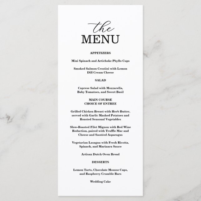 Elegant Black & White Wedding Menu Menükarte (Vorderseite)