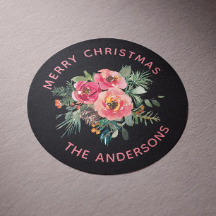 Elegant Black Winter Floral Weihnachtsfeiertag Runder Aufkleber