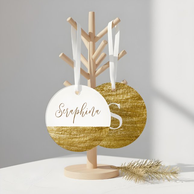 Elégant blanc & Faux Gold Leaf Monogramme Noël (Elegant White & Faux Gold Leaf Monogram Christmas Ornament)