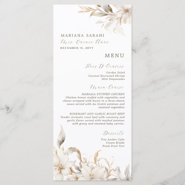 Elégant blanc Floral Quinceanera menu de boissons  (Devant)