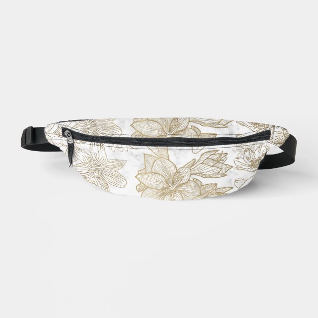 Élégant blanc gris doré marbre floral Fanny Packs (Recto)