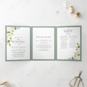 Elégant blanc gris vert Repas Mariage Tri-Fold