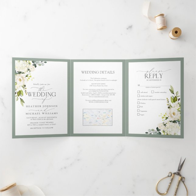 Elégant blanc gris vert Repas Mariage Tri-Fold (Intérieur)