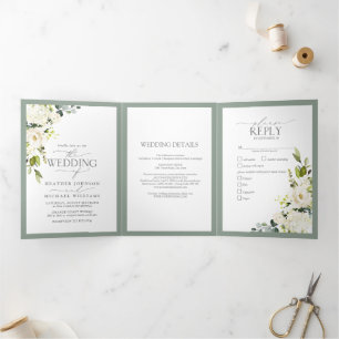 Elégant blanc gris vert Repas Mariage Tri-Fold