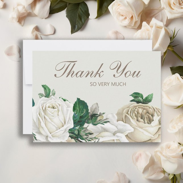 Elégant blanc ivoire crème Rose Merci Mariage (Elegant white roses and greenery wedding Thank You card)