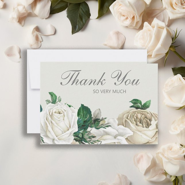 Elégant blanc ivoire Roses Mariage Merci (Elegant white floral wedding Thank You card.)