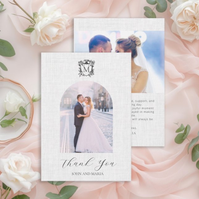 Elégant blanc photo Arch Crest Mariage Merci (Elegant arch photo wedding thank you card with crest)