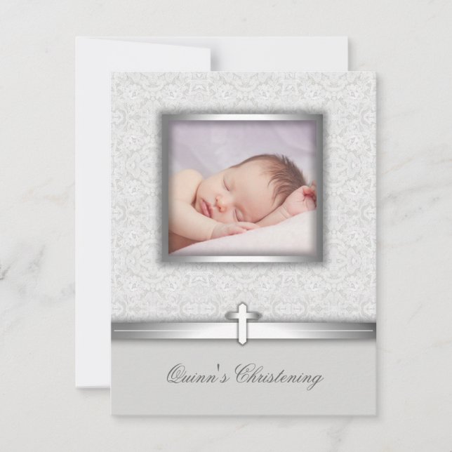 Elégant blanc photo Christening Invitations (Devant)