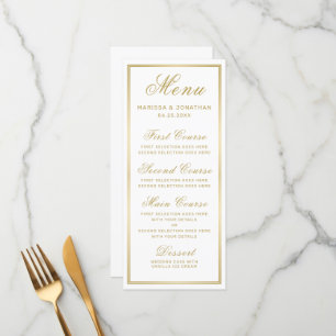 Elégant Blanc Script Gold Menu Mariage chic